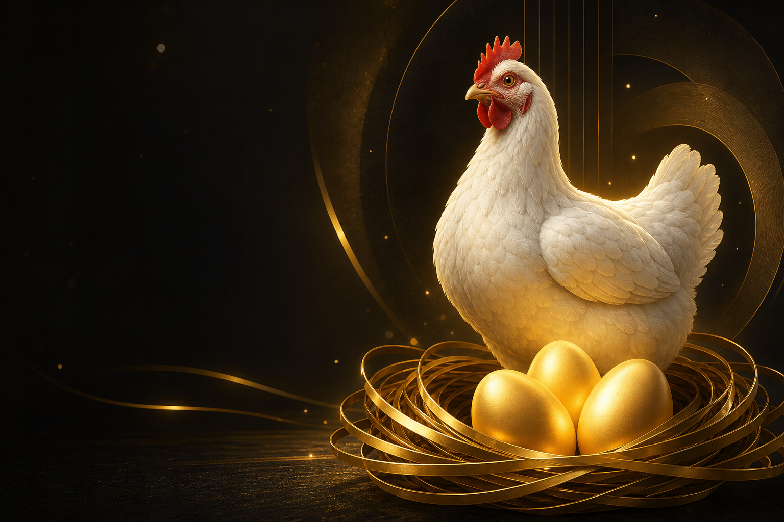 Healthy white hen with three golden eggs in a sculptural nest