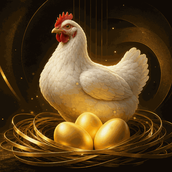 Animated golden hen and eggs with floating light particles